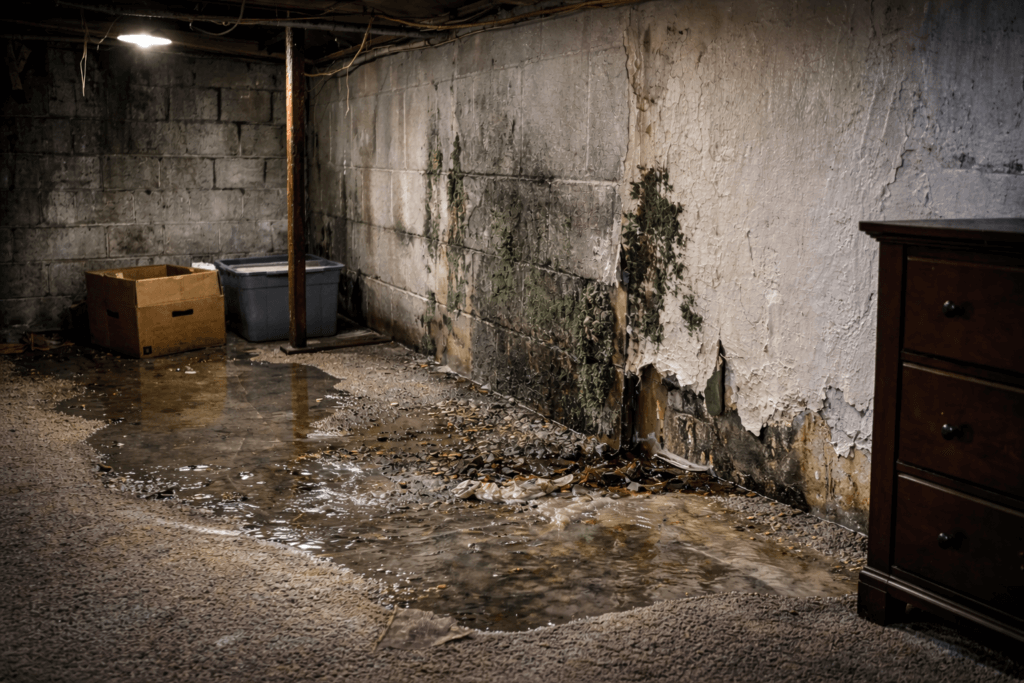 Wet basement wall with visible water damage caused by overflowing gutters