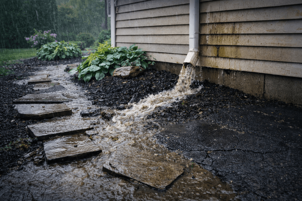 Erosion around home walkway and damaged garden bed caused by improper gutter drainage