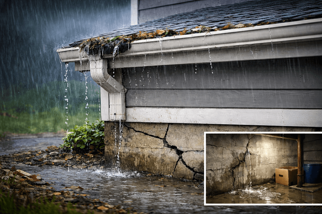 Water pooling around home foundation due to clogged gutters during heavy Fraser Valley rainfall