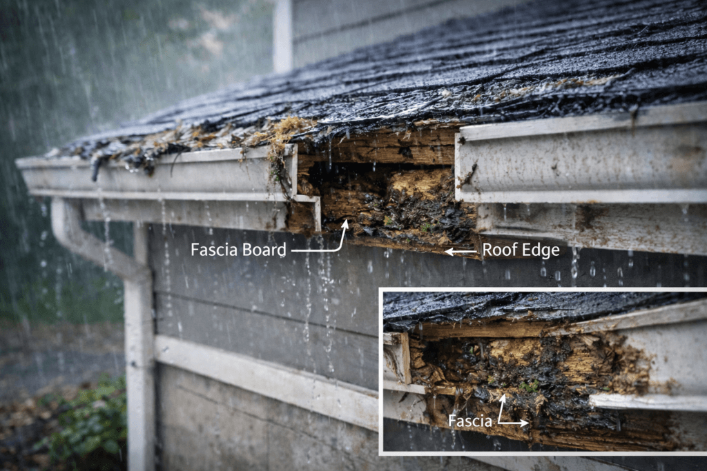 Rotting fascia board and roof edge damage caused by clogged and sagging gutters